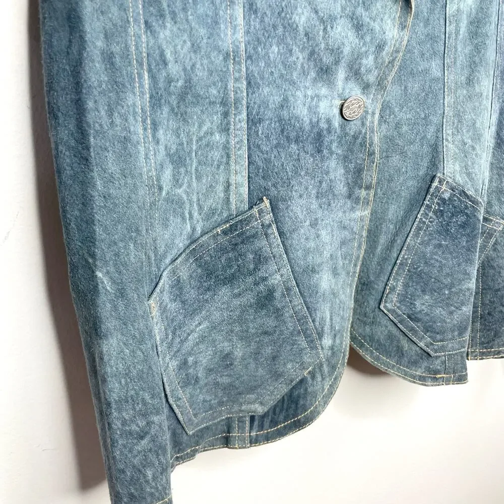 Illia Denim Leather Blazer Sz 8 Blue Suede Denim Look Indie Sleaze Y2K Eclectic - Picture 4 of 10
